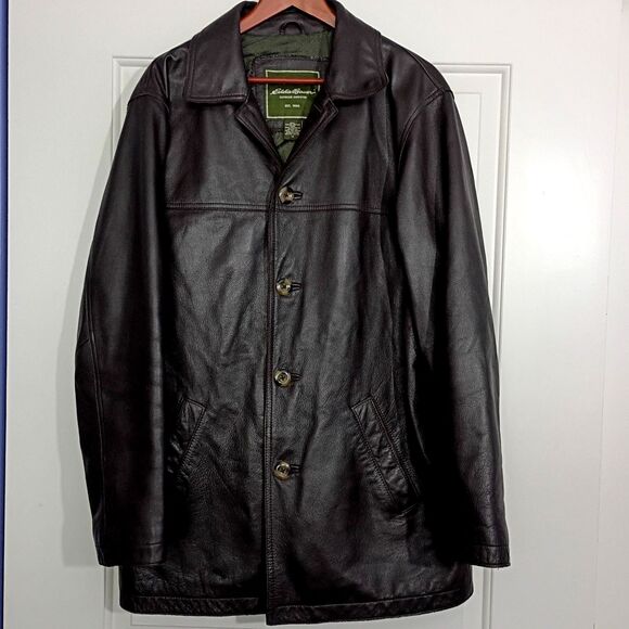 Eddie Bauer Men's Dark Brown Leather Jacket Coat Long Length Button Up M - Picture 1 of 11